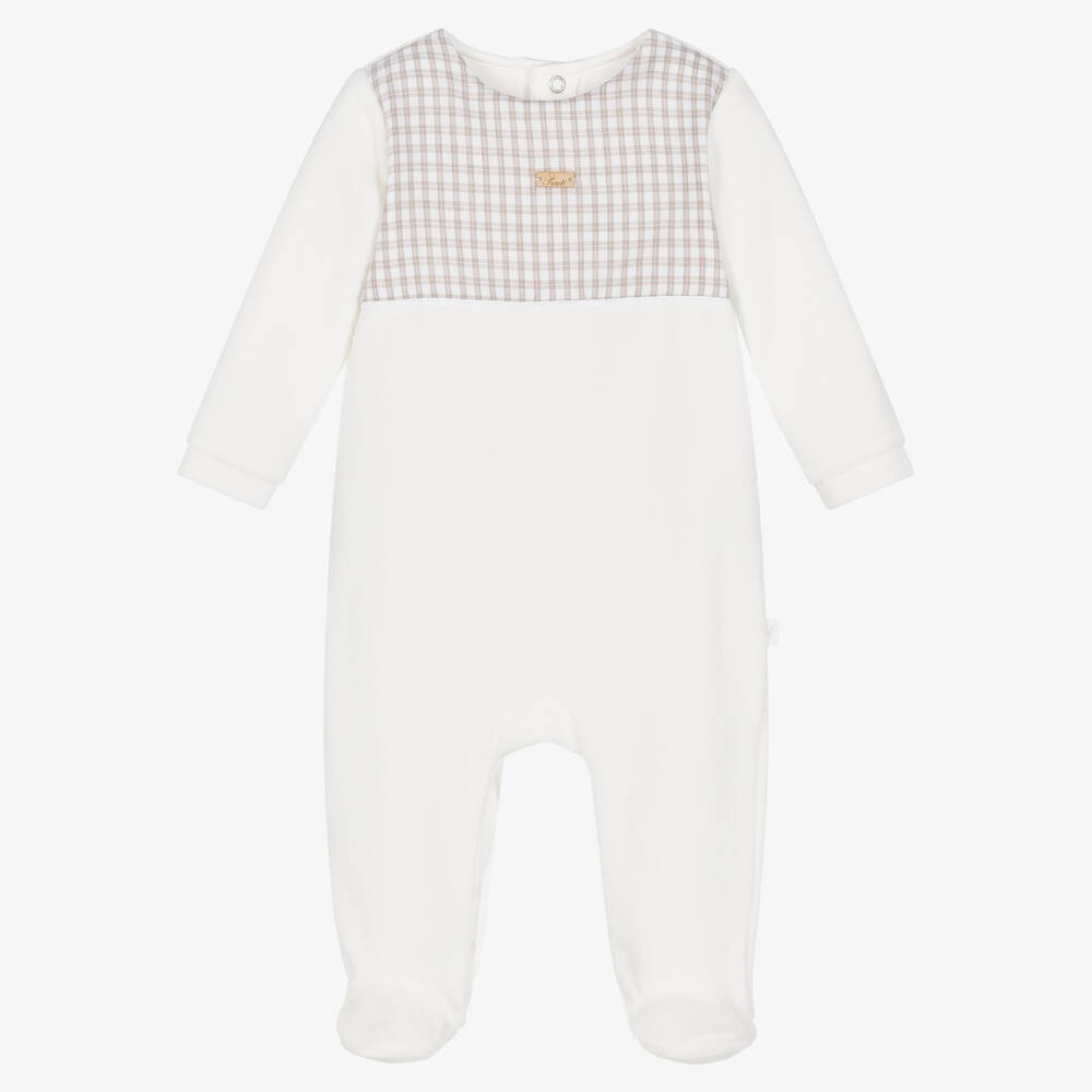 Pureté Du... Bébé-Boys Ivory Check Velour Babygrow | Childrensalon Outlet