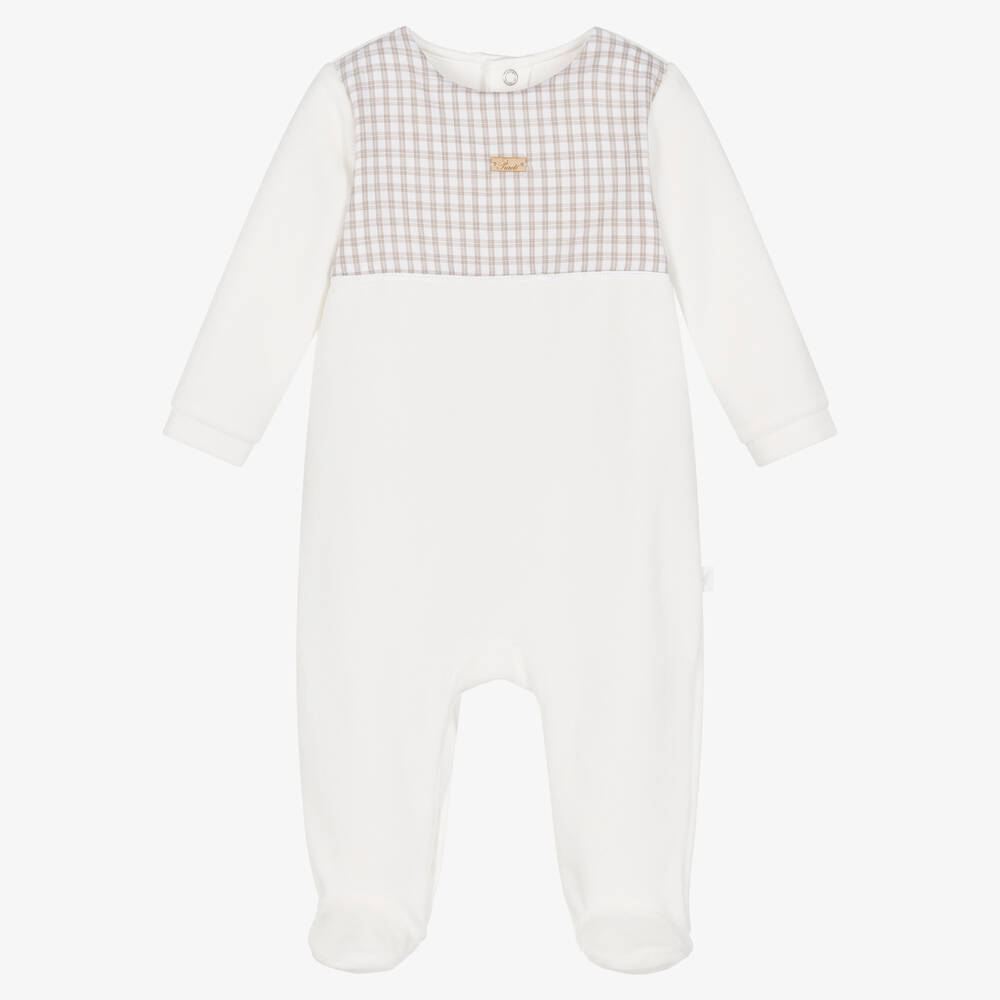 Pureté Du... Bébé - Boys Ivory Check Velour Babygrow | Childrensalon