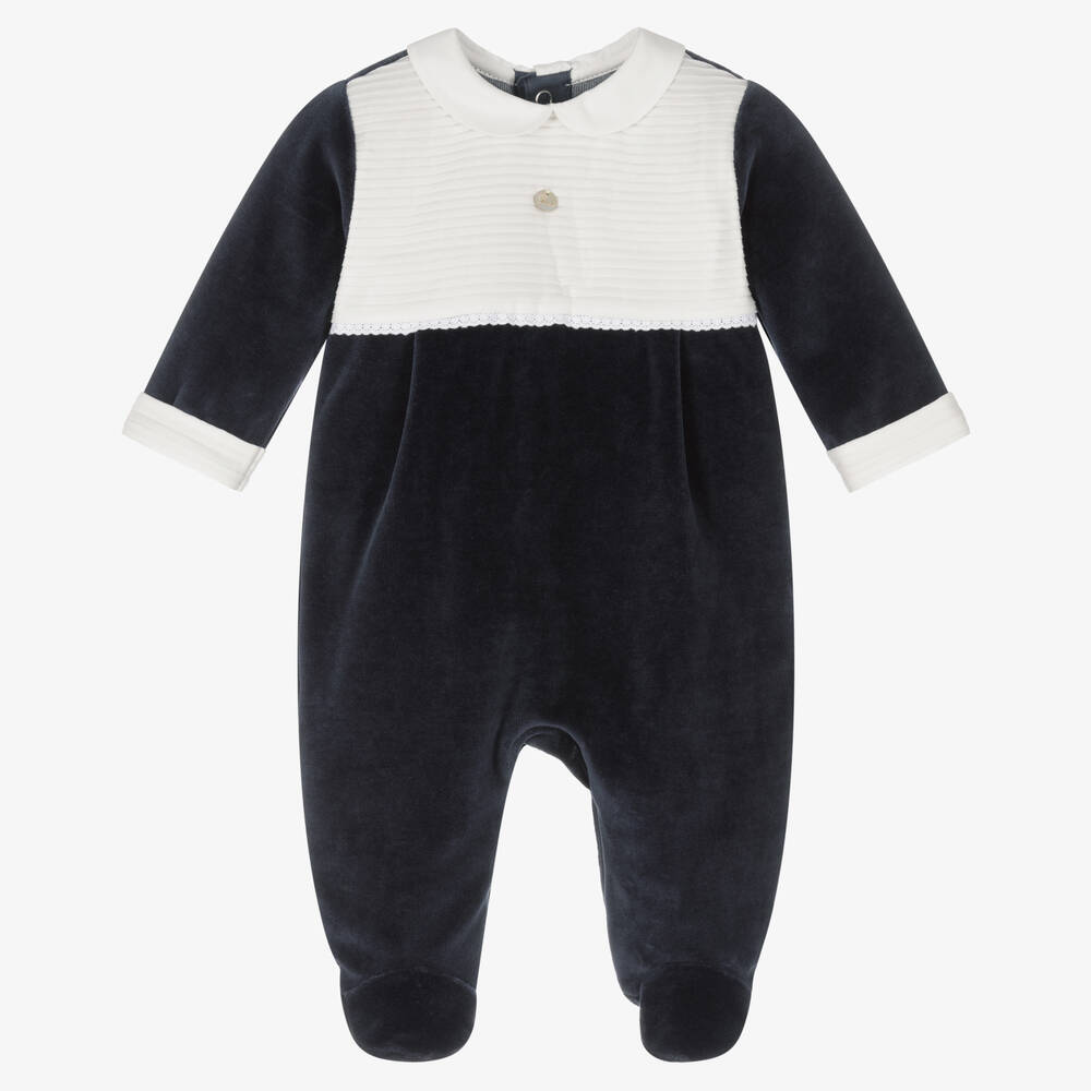 Pureté Du... Bébé-Boys Navy Blue Velour Babygrow | Childrensalon Outlet