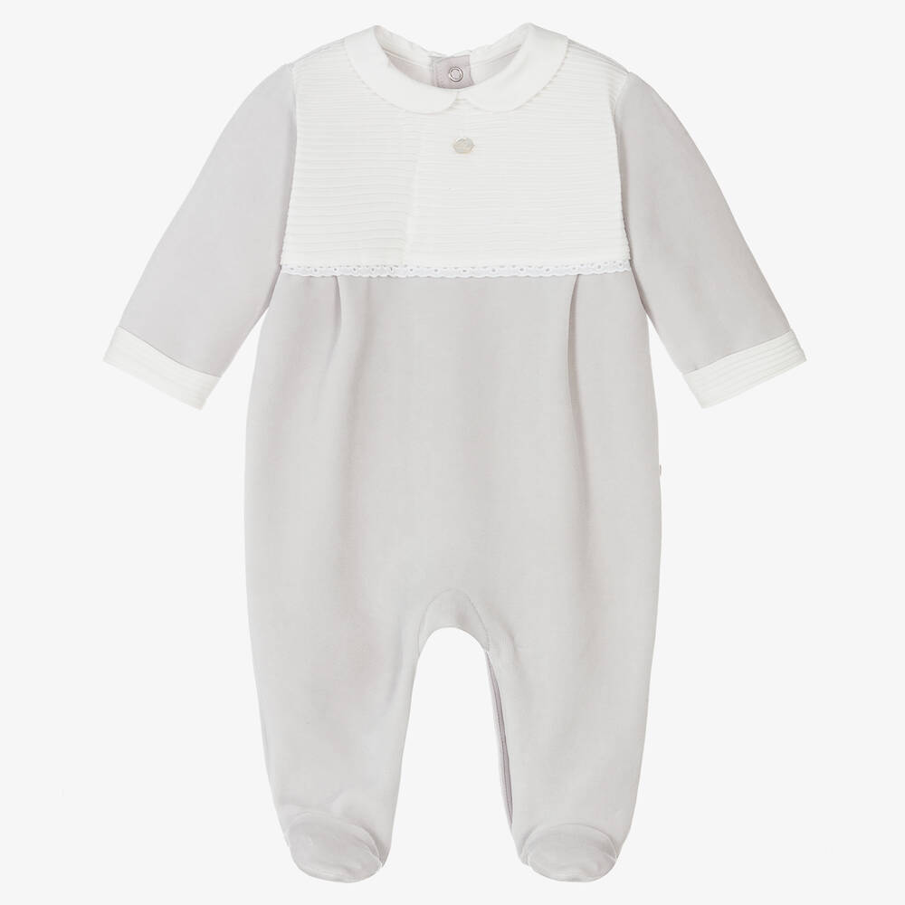 Pureté Du... Bébé - Boys Pale Grey Velour Babygrow | Childrensalon