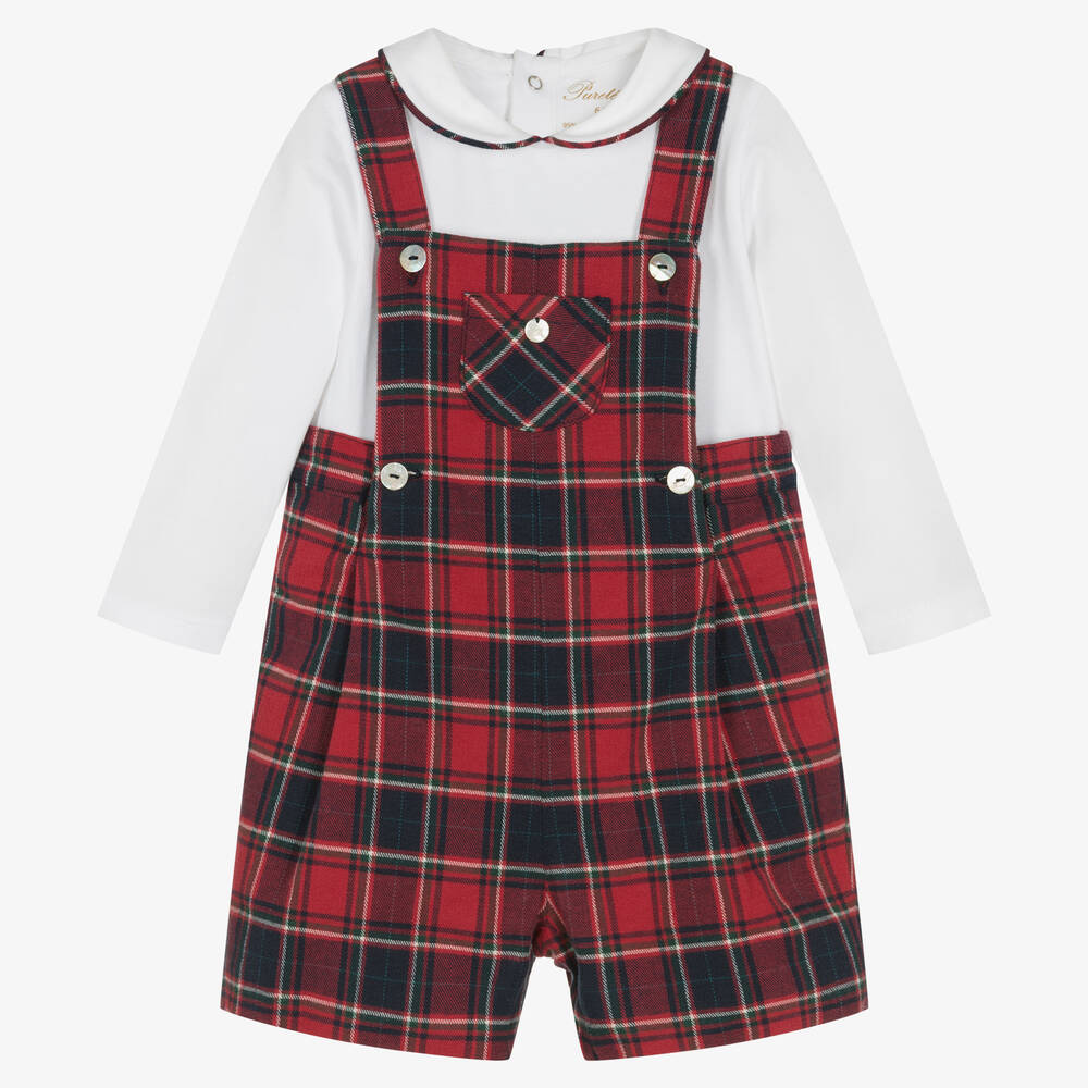 Pureté Du... Bébé - Boys Red Check Dungaree Shorts Set | Childrensalon