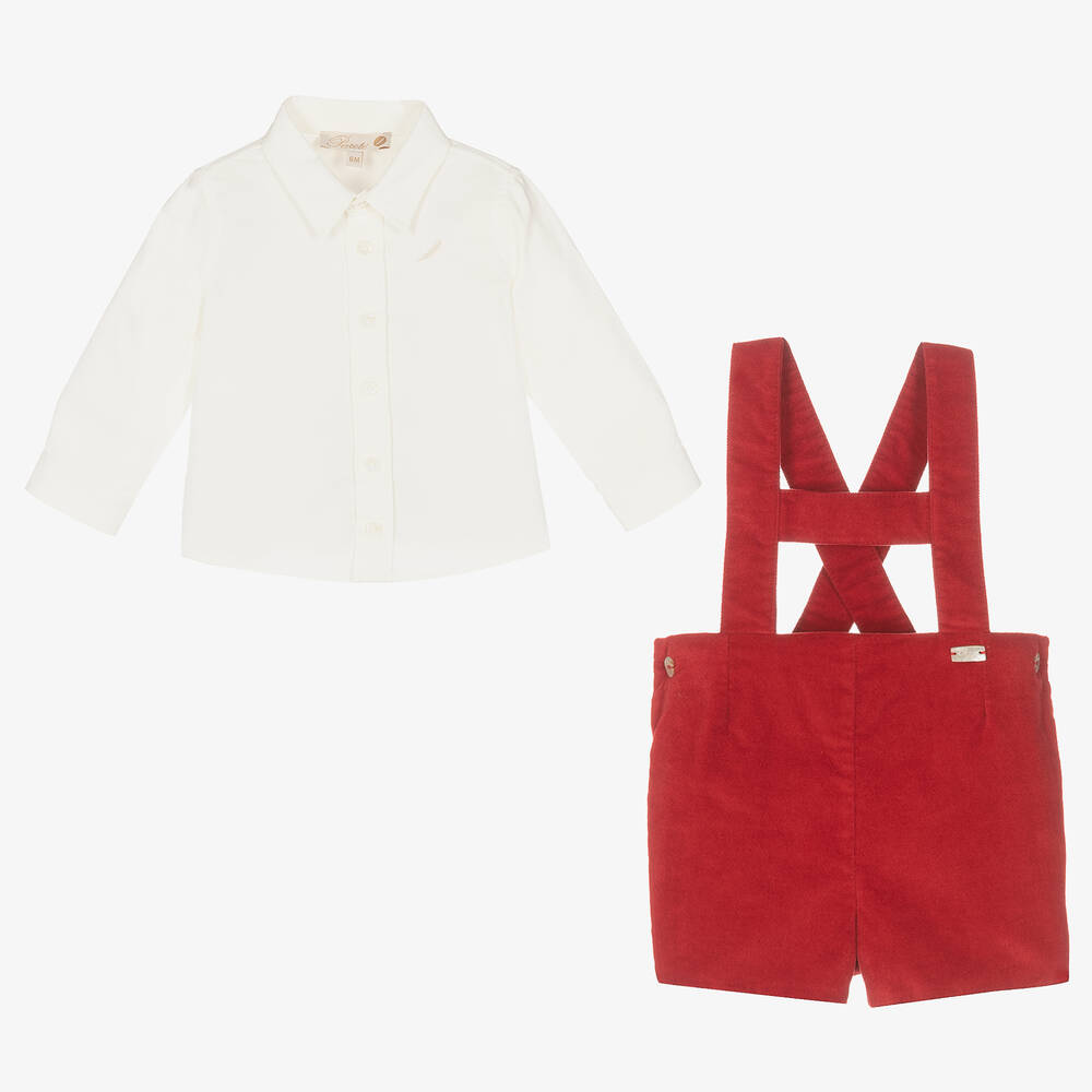 بيوريتي دو بيبي-طقم شورت أطفال ولادي قطن مخمل لون أحمر وعاجي | Childrensalon Outlet