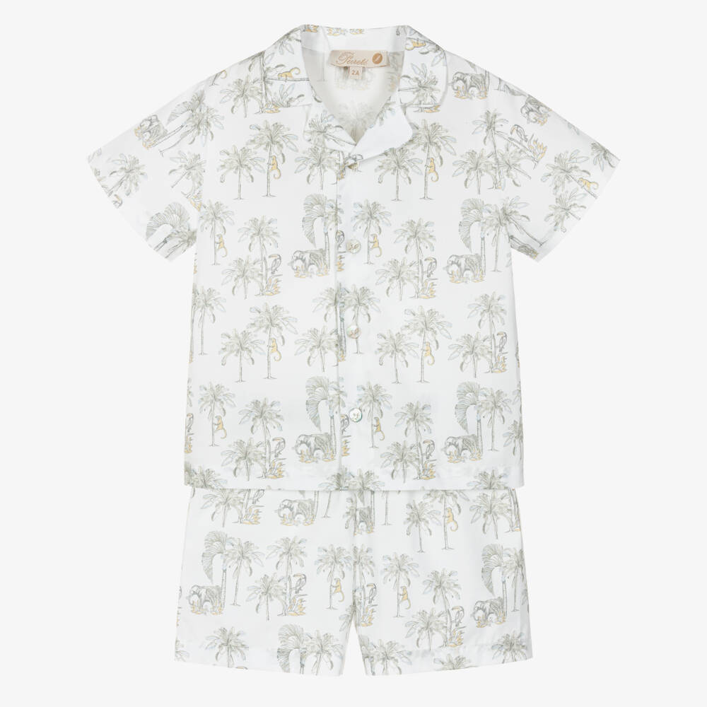 Pureté Du... Bébé-Boys Short White Cotton Pyjamas with Grey Jungle Print | Childrensalon Outlet
