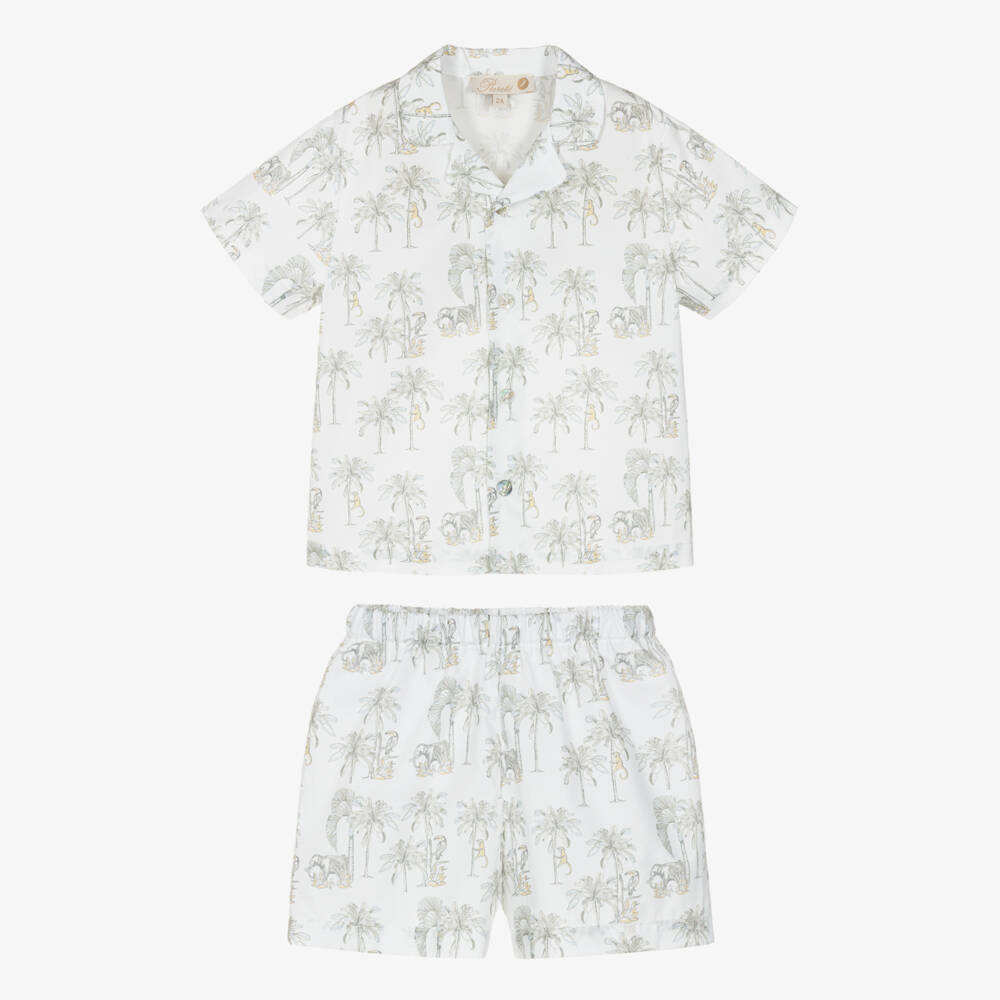 Pureté Du... Bébé-Boys Short White Cotton Pyjamas with Grey Jungle Print | Childrensalon Outlet