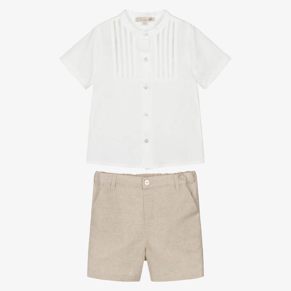 Pureté Du... Bébé-Boys White & Beige Linen Shorts Set with Lacey Trim | Childrensalon Outlet