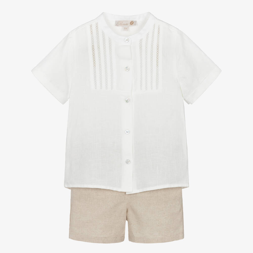 Pureté Du... Bébé-Boys White & Beige Linen Shorts Set with Lacey Trim | Childrensalon Outlet
