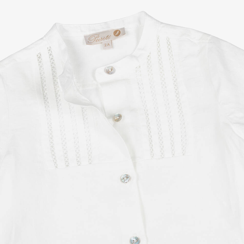 Pureté Du... Bébé-Boys White & Beige Linen Shorts Set with Lacey Trim | Childrensalon Outlet