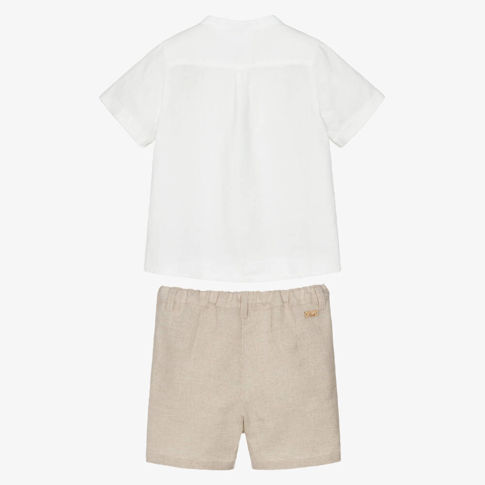 Pureté Du... Bébé-Boys White & Beige Linen Shorts Set with Lacey Trim | Childrensalon Outlet