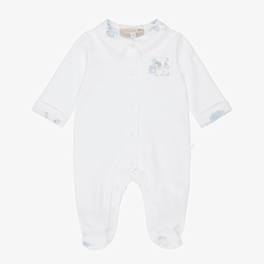Pureté Du... Bébé-Boys White & Blue Toile De Jouy Cotton Babygrow | Childrensalon Outlet