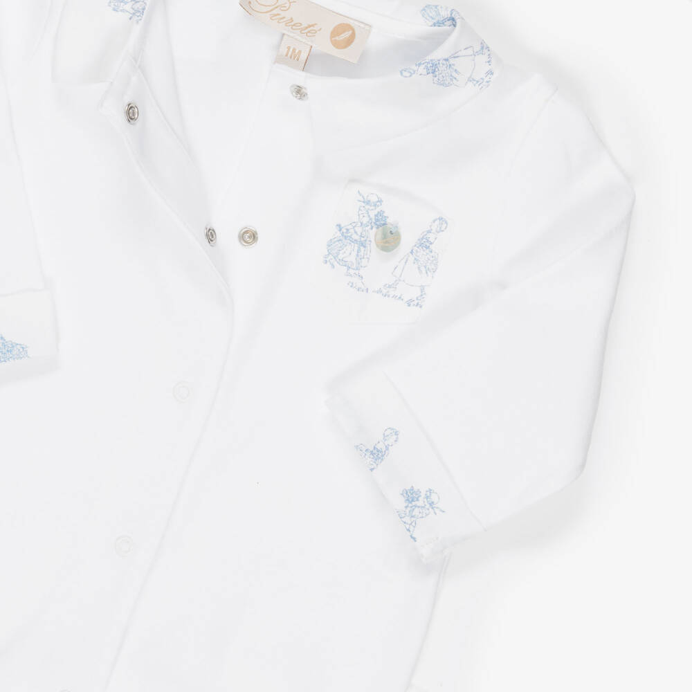 Pureté Du... Bébé-Boys White & Blue Toile De Jouy Cotton Babygrow | Childrensalon Outlet