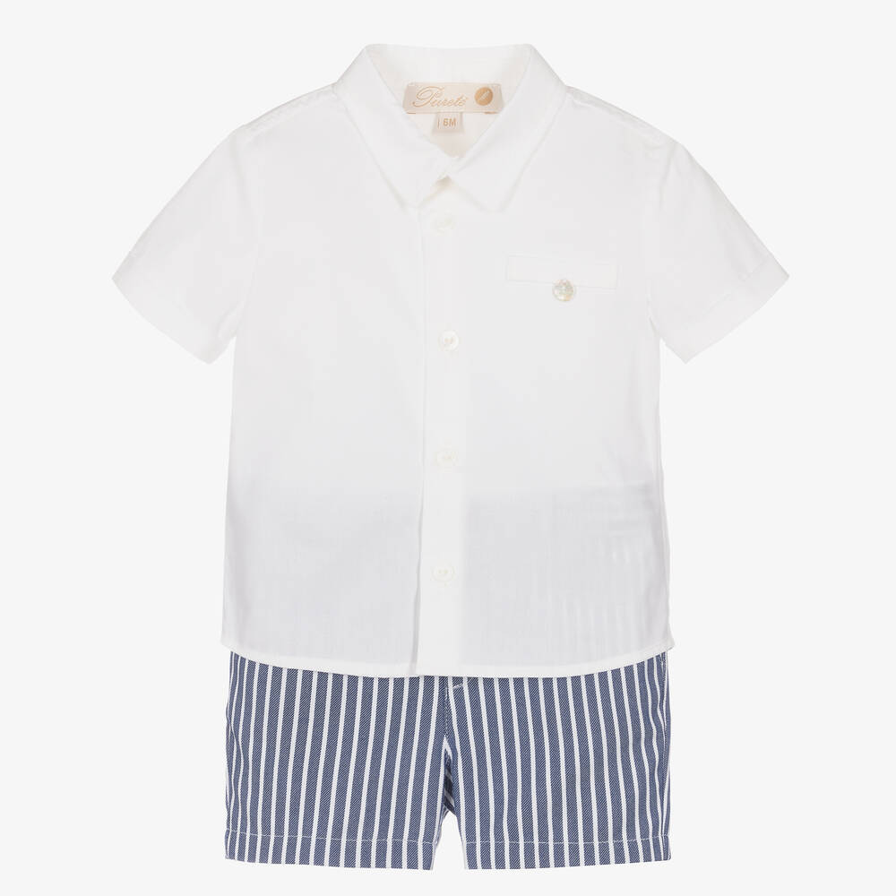Pureté Du... Bébé - Boys White Shirt & Striped Shorts Set | Childrensalon
