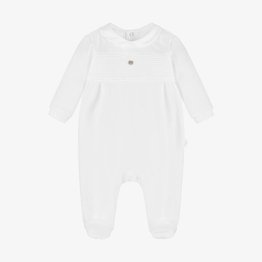 Pureté Du... Bébé-Boys White Velour Babygrow with Pleats | Childrensalon Outlet
