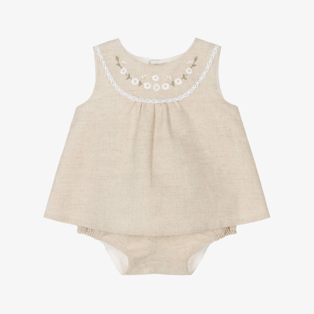 Pureté Du... Bébé-Girls Beige Floral Linen Ensemble | Childrensalon Outlet