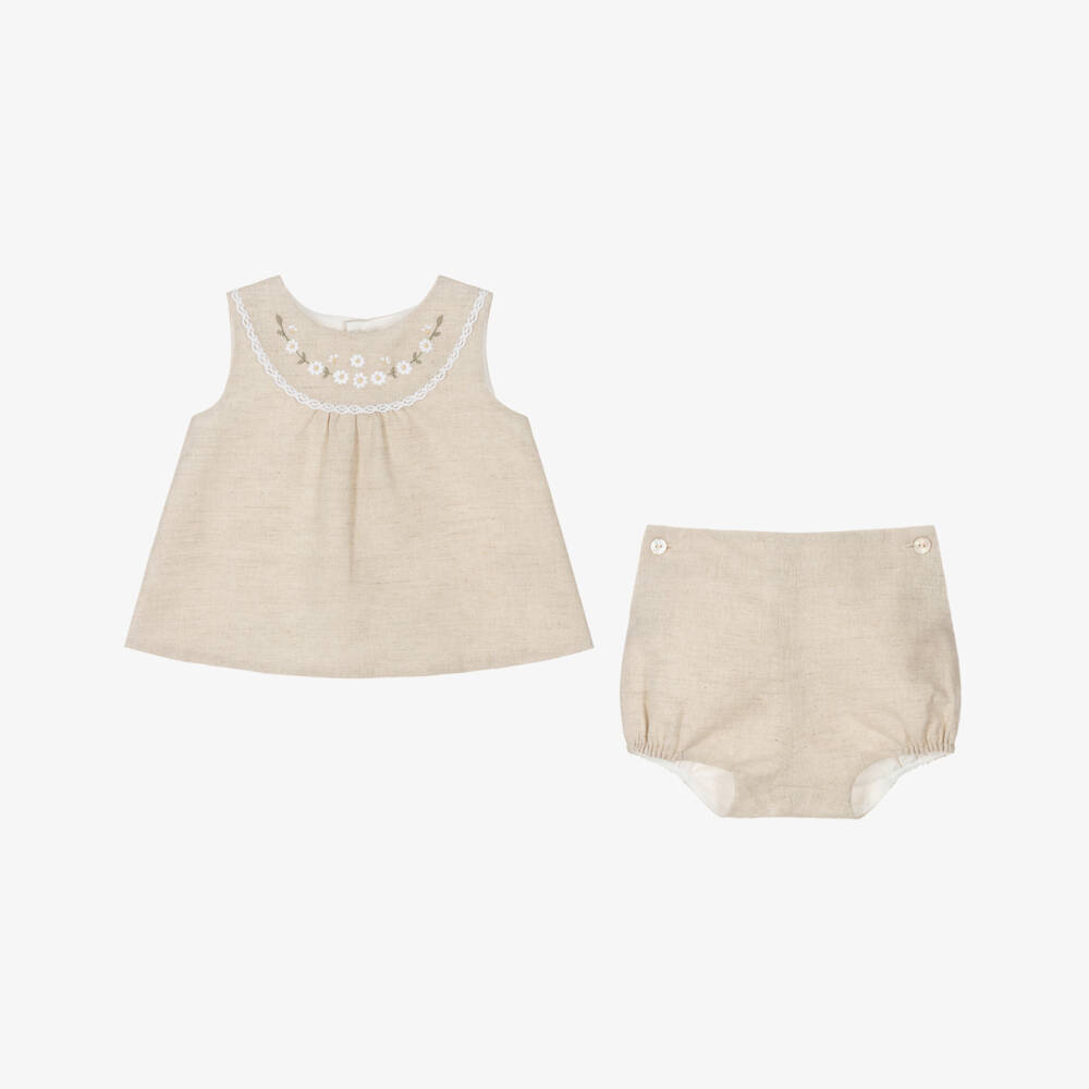 Pureté Du... Bébé-Girls Beige Floral Linen Ensemble | Childrensalon Outlet