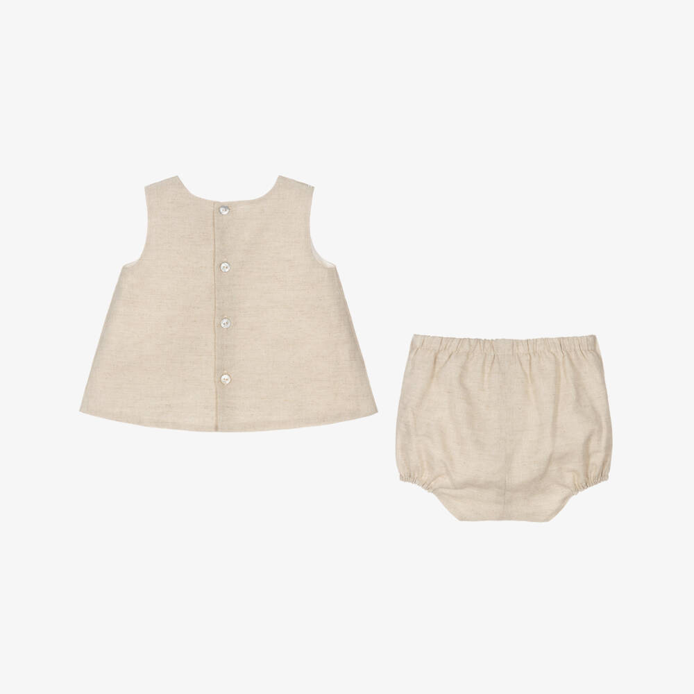 Pureté Du... Bébé-Girls Beige Floral Linen Ensemble | Childrensalon Outlet