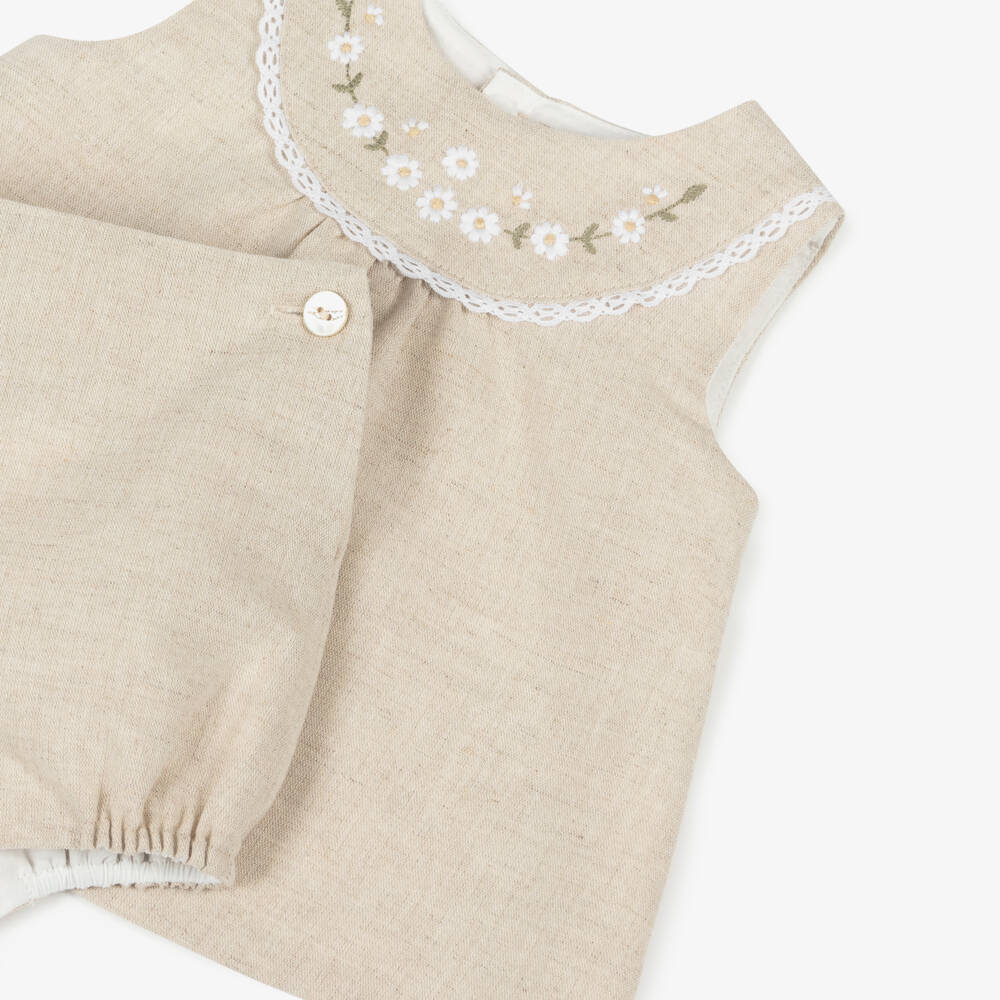 Pureté Du... Bébé-Girls Beige Floral Linen Ensemble | Childrensalon Outlet