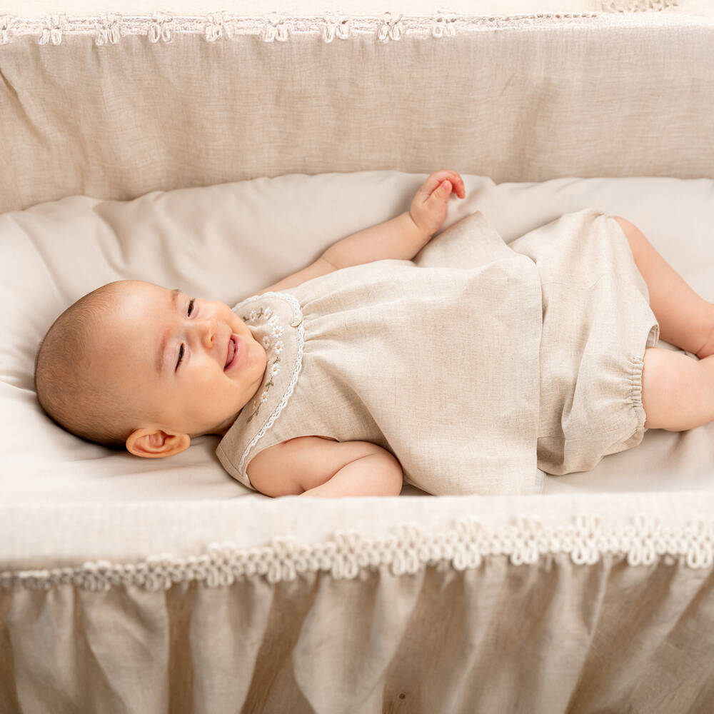 Pureté Du... Bébé-Girls Beige Floral Linen Ensemble | Childrensalon Outlet