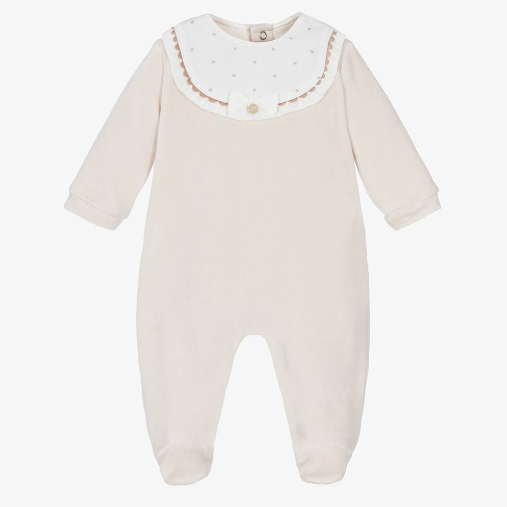 Pureté Du... Bébé - Girls Beige Velour Babygrow | Childrensalon