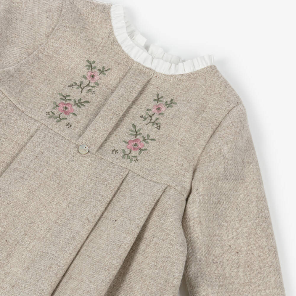 Pureté Du... Bébé-Girls Beige Wool Dress with Frill Trims & Floral Embroidery | Childrensalon Outlet