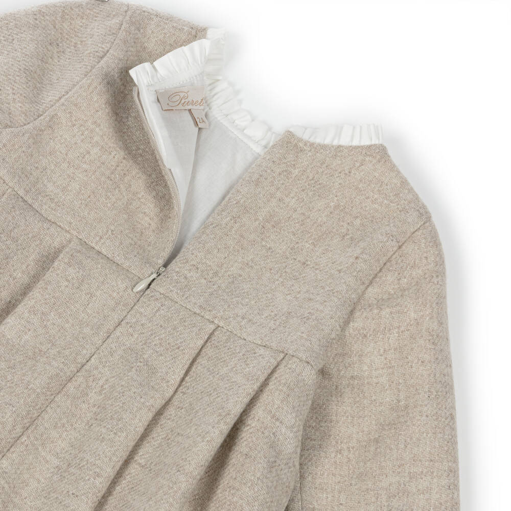 Pureté Du... Bébé-Girls Beige Wool Dress with Frill Trims & Floral Embroidery | Childrensalon Outlet