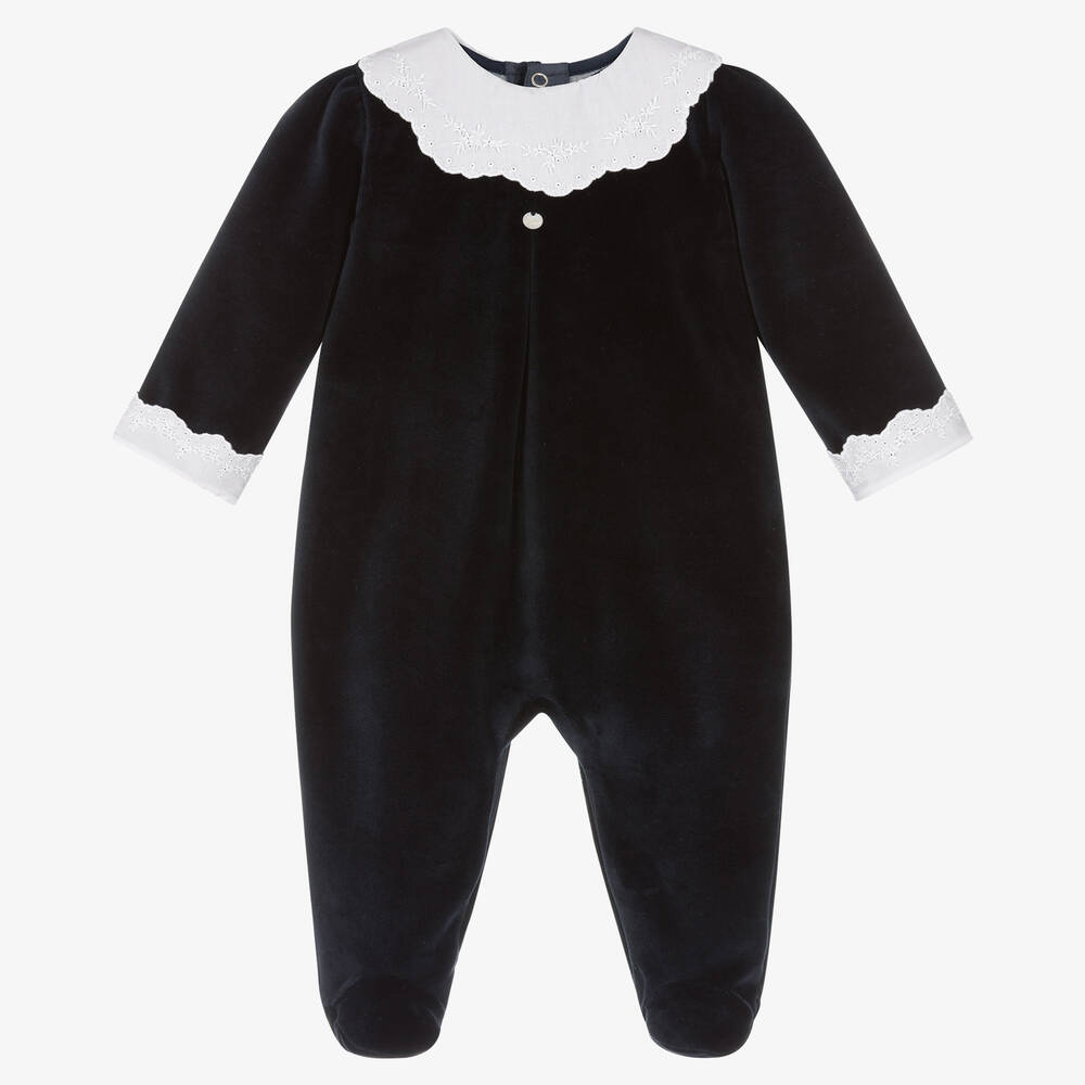 Pureté Du... Bébé - Girls Blue Velour Babygrow | Childrensalon