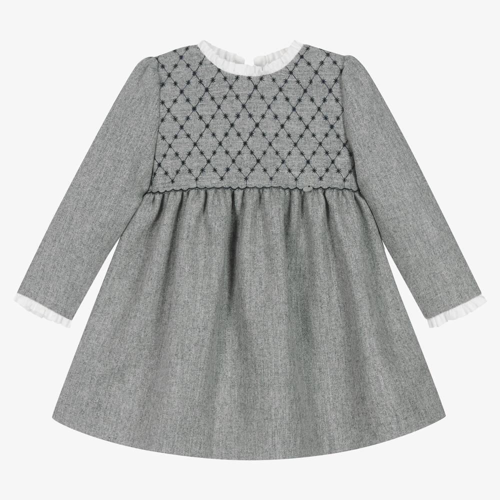 Pureté Du... Bébé - Girls Grey Embroidered Wool Dress | Childrensalon