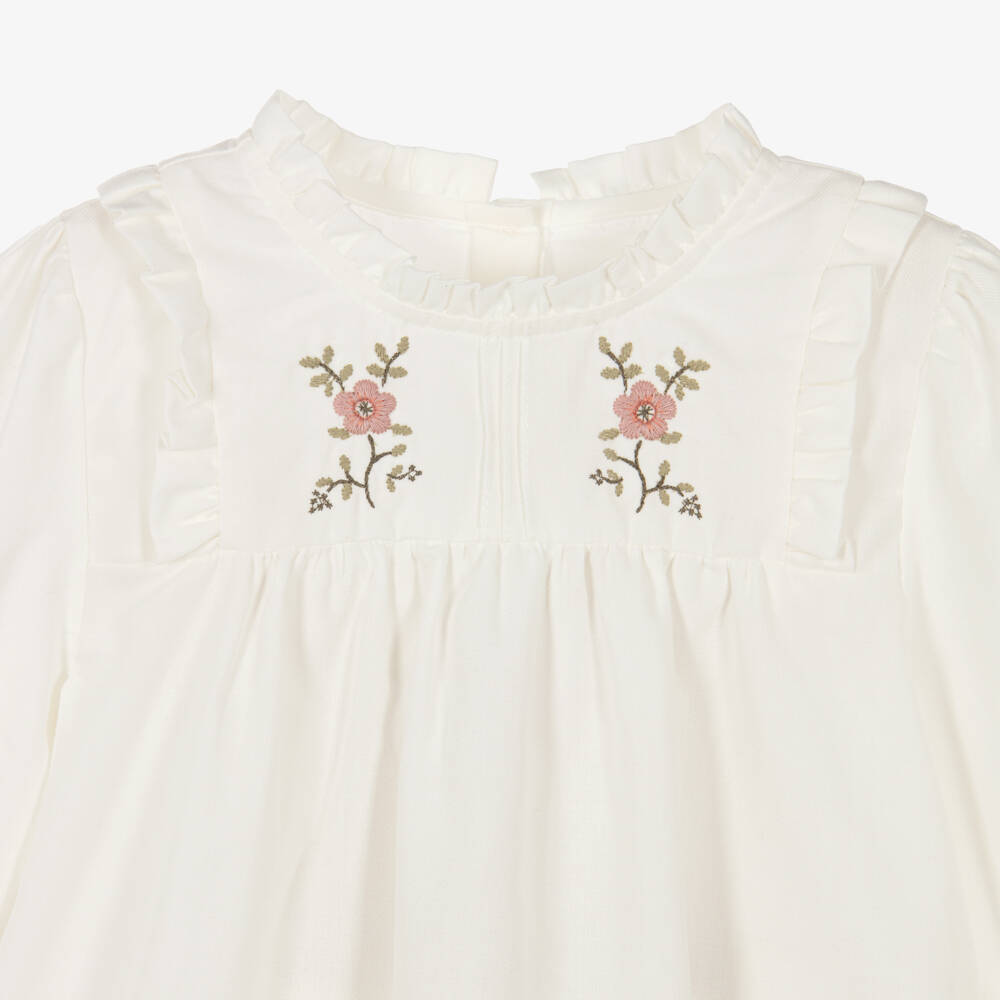 Pureté Du... Bébé-Girls Ivory Cotton Floral Embroidered Blouse | Childrensalon Outlet