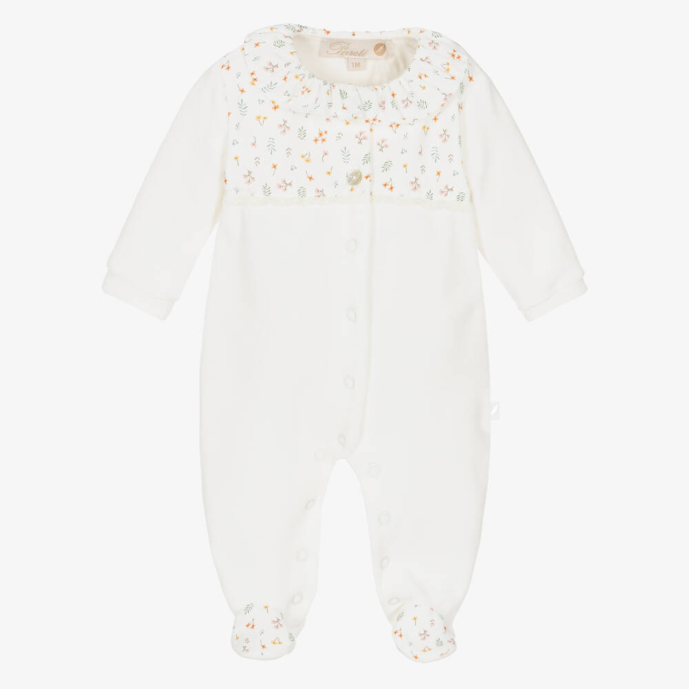 Pureté Du... Bébé - Elfenbeinfarbener Baumwollvelours-Strampler mit Blumenmuster für Mädchen | Childrensalon