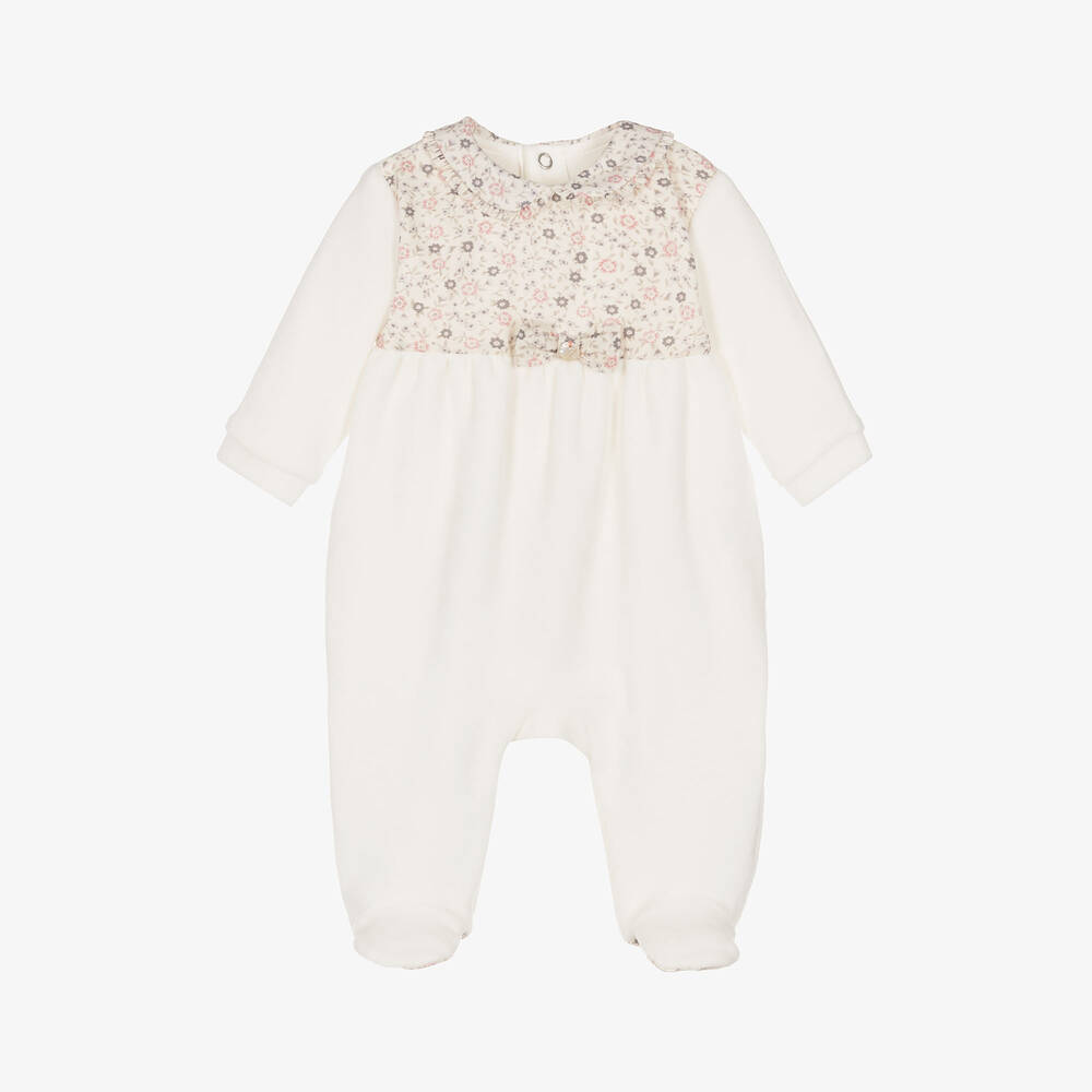 Pureté Du... Bébé-Girls Ivory Velour Floral Print Babygrow | Childrensalon Outlet