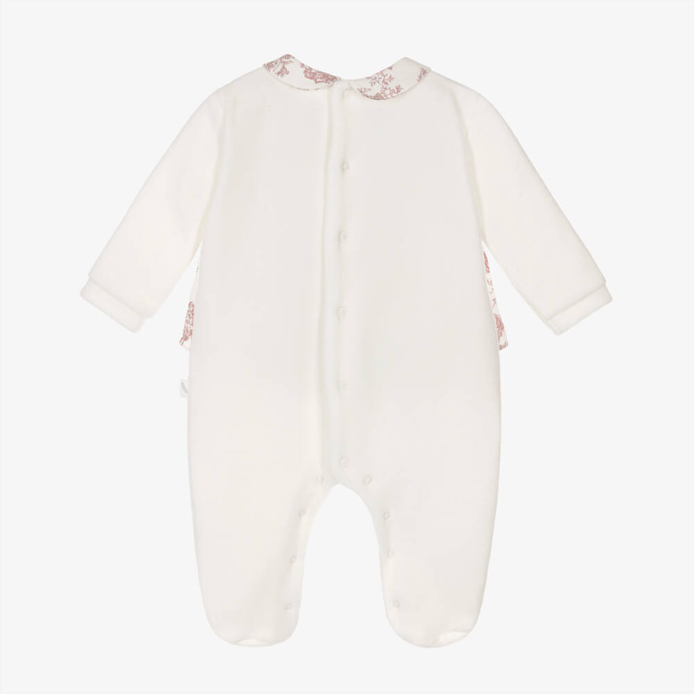Pureté Du... Bébé-Girls Ivory Velour & Pink Toile De Jouy Babygrow | Childrensalon Outlet