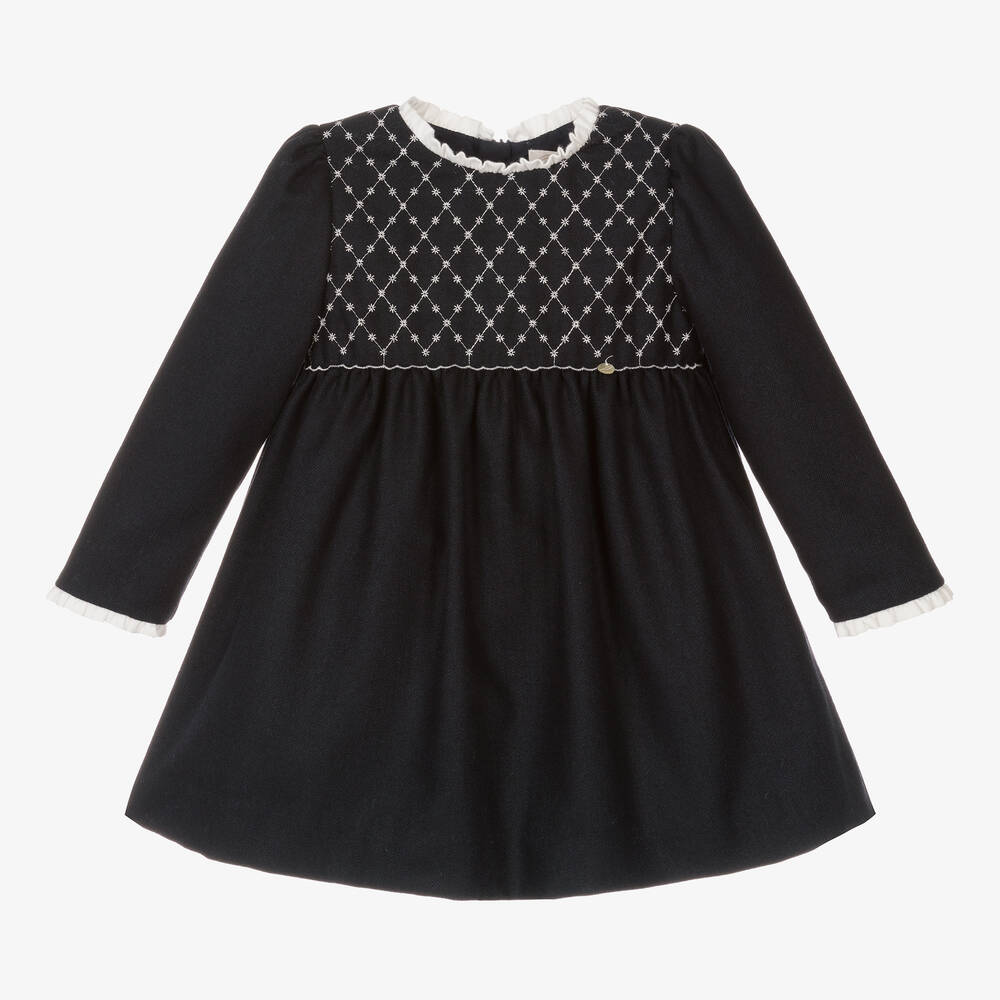 Pureté Du... Bébé - Girls Navy Blue Embroidered Wool Dress | Childrensalon