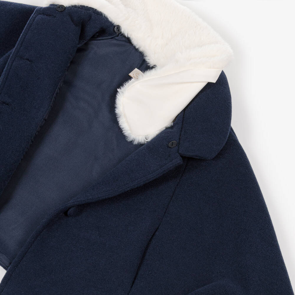 Pureté Du... Bébé-Girls Navy Blue Felted Cape with Detachable Faux Fur Collar | Childrensalon Outlet