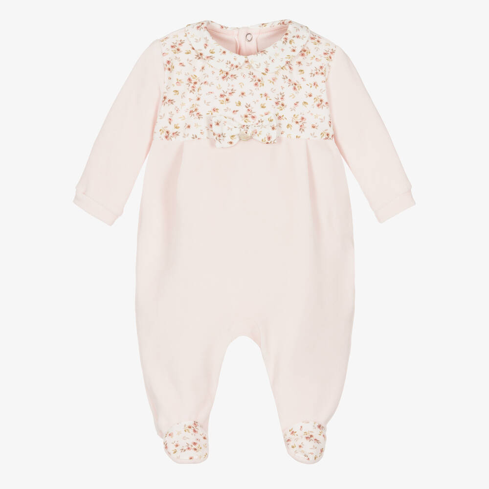 Pureté Du... Bébé - Girls Pink Cotton Floral Velour Babygrow | Childrensalon