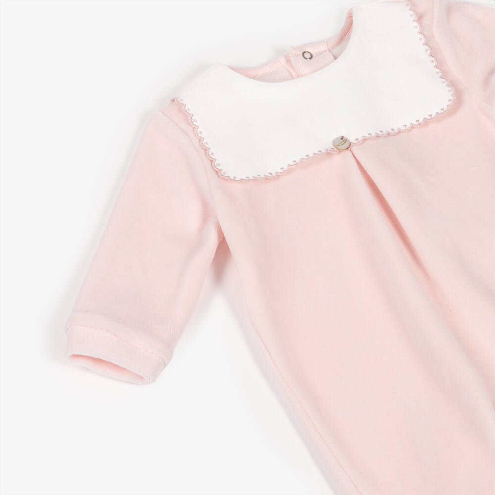 Pureté Du... Bébé-Girls Pink Velour Babygrow with Ivory Twill Bib Front | Childrensalon Outlet