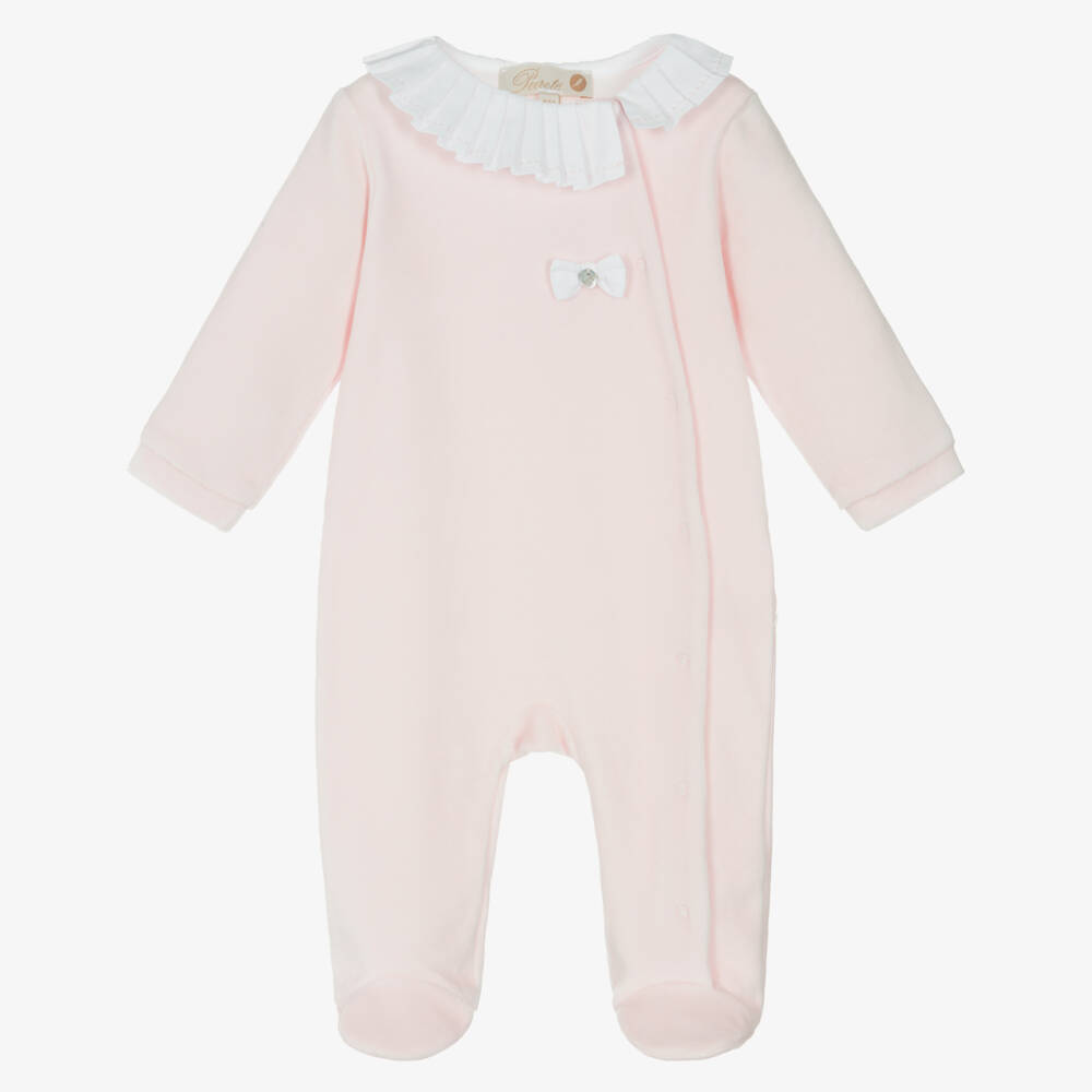 Pureté Du... Bébé-Girls Pink Velour Babygrow with Pleated Collar | Childrensalon Outlet