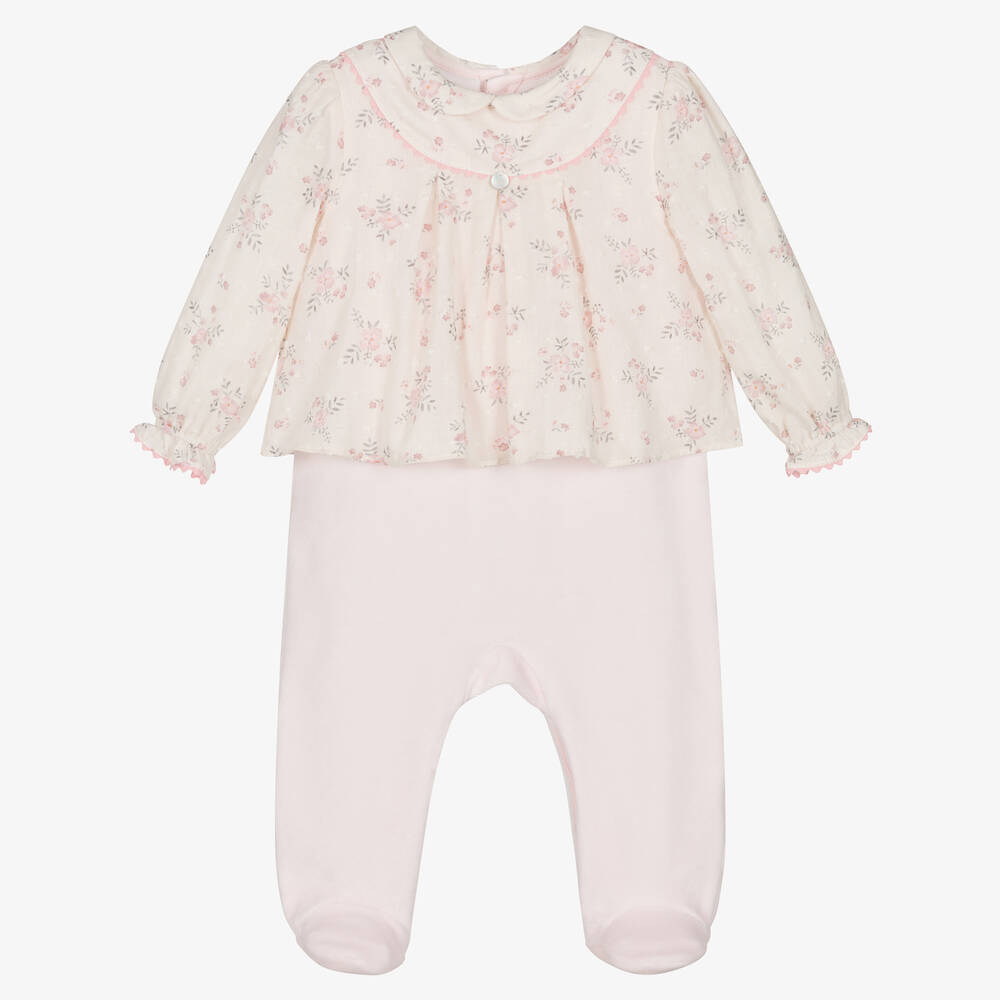 Pureté Du... Bébé - Girls Pink Velour Floral Babygrow | Childrensalon