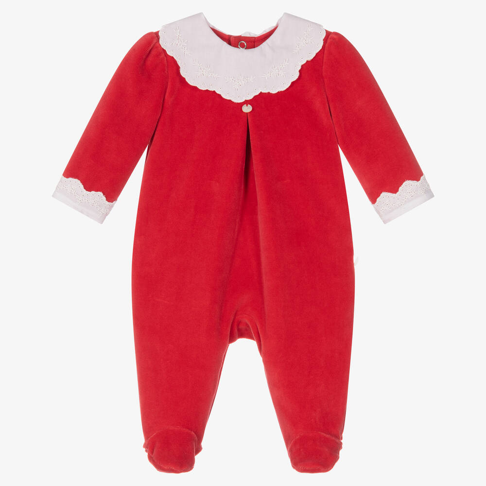 Pureté Du... Bébé - Girls Red Velour Babygrow | Childrensalon