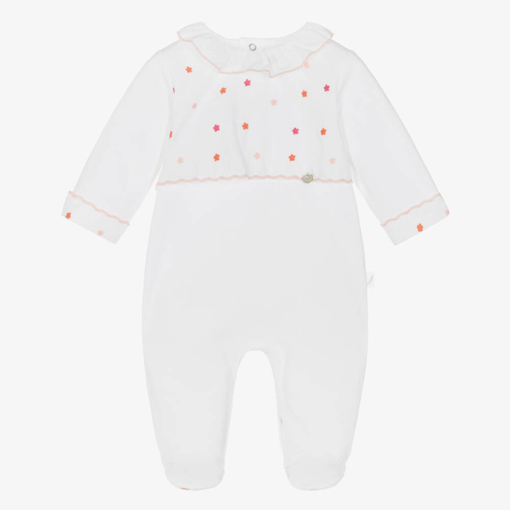 Pureté Du... Bébé-Girls White Babygrow with Embroidered Pink Flowers | Childrensalon Outlet