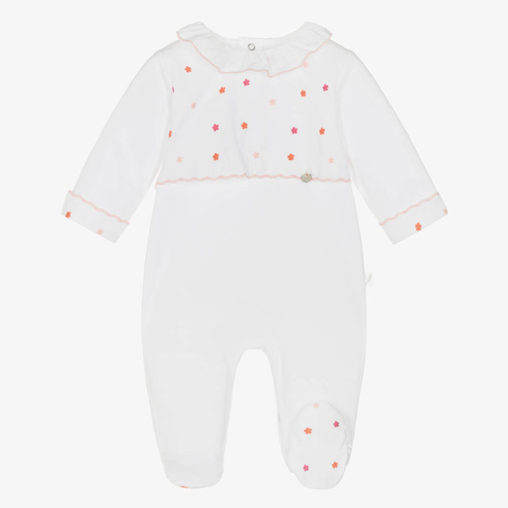 Pureté Du... Bébé-Girls White Babygrow with Embroidered Pink Flowers | Childrensalon Outlet