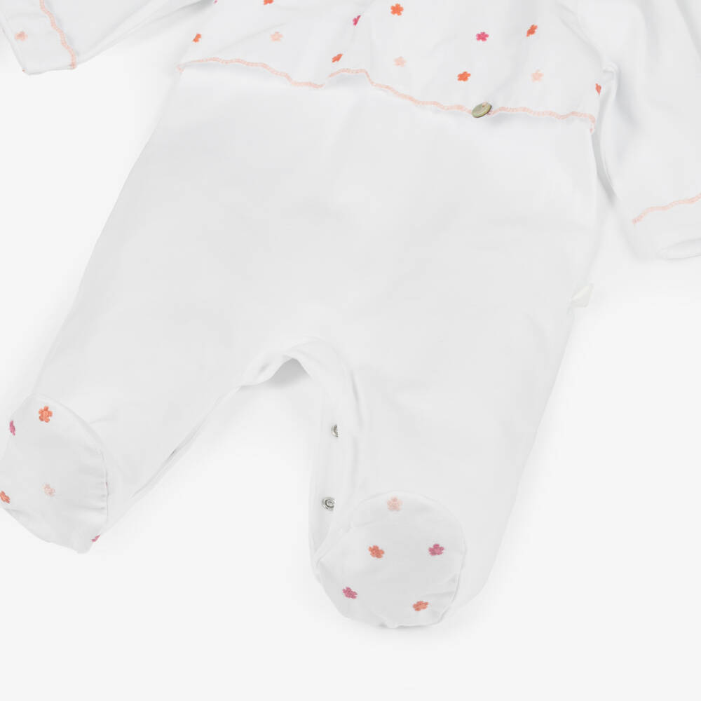 Pureté Du... Bébé-Girls White Babygrow with Embroidered Pink Flowers | Childrensalon Outlet