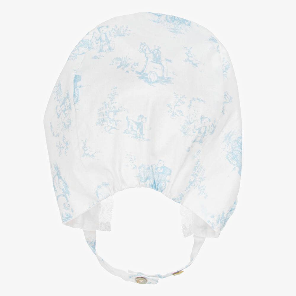 Pureté Du... Bébé-Girls White & Blue Toile Cotton Bonnet | Childrensalon Outlet