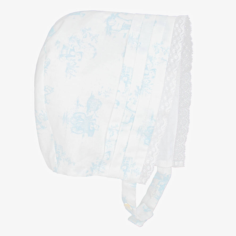 Pureté Du... Bébé-Girls White & Blue Toile Cotton Bonnet | Childrensalon Outlet