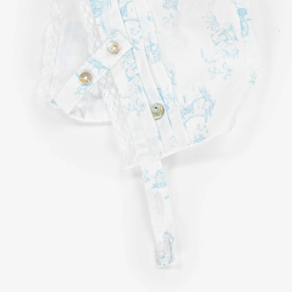 Pureté Du... Bébé-Girls White & Blue Toile Cotton Bonnet | Childrensalon Outlet