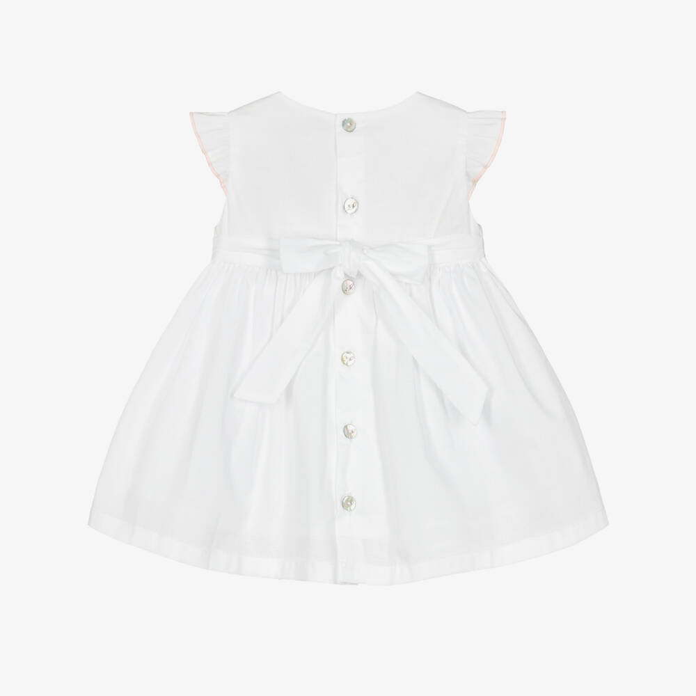 Pureté Du... Bébé-Girls White Cotton Dress with Embroidered Pink Flowers | Childrensalon Outlet