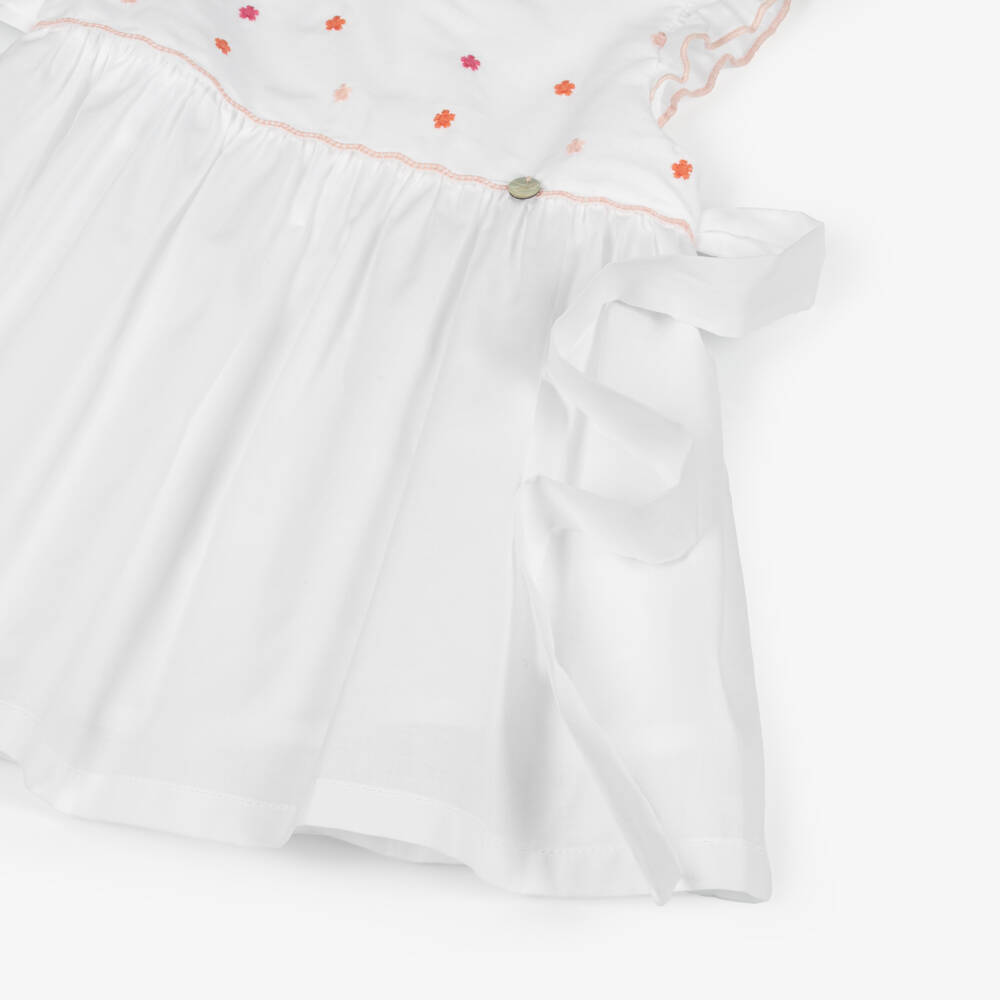 Pureté Du... Bébé-Girls White Cotton Dress with Embroidered Pink Flowers | Childrensalon Outlet