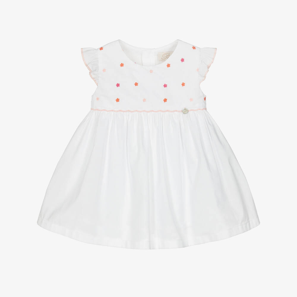 Pureté Du... Bébé-Girls White Cotton Dress with Embroidered Pink Flowers | Childrensalon Outlet