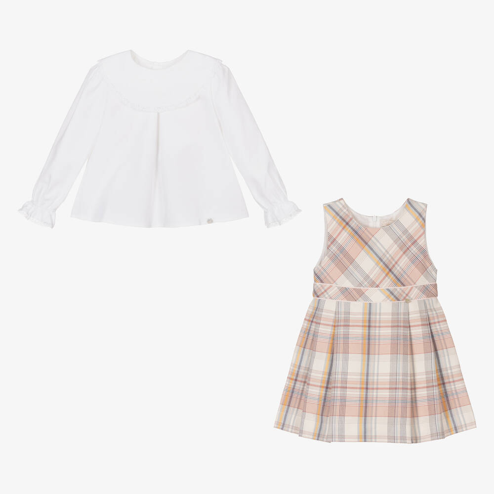 Pureté Du... Bébé-Girls White & Pink Checked Cotton Dress Set | Childrensalon Outlet