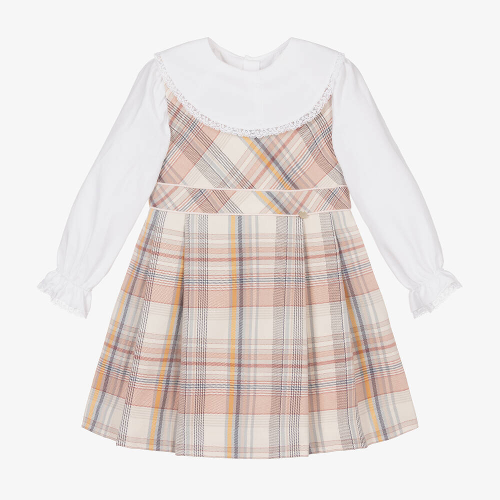 Pureté Du... Bébé - Girls White & Pink Checked Cotton Dress Set | Childrensalon