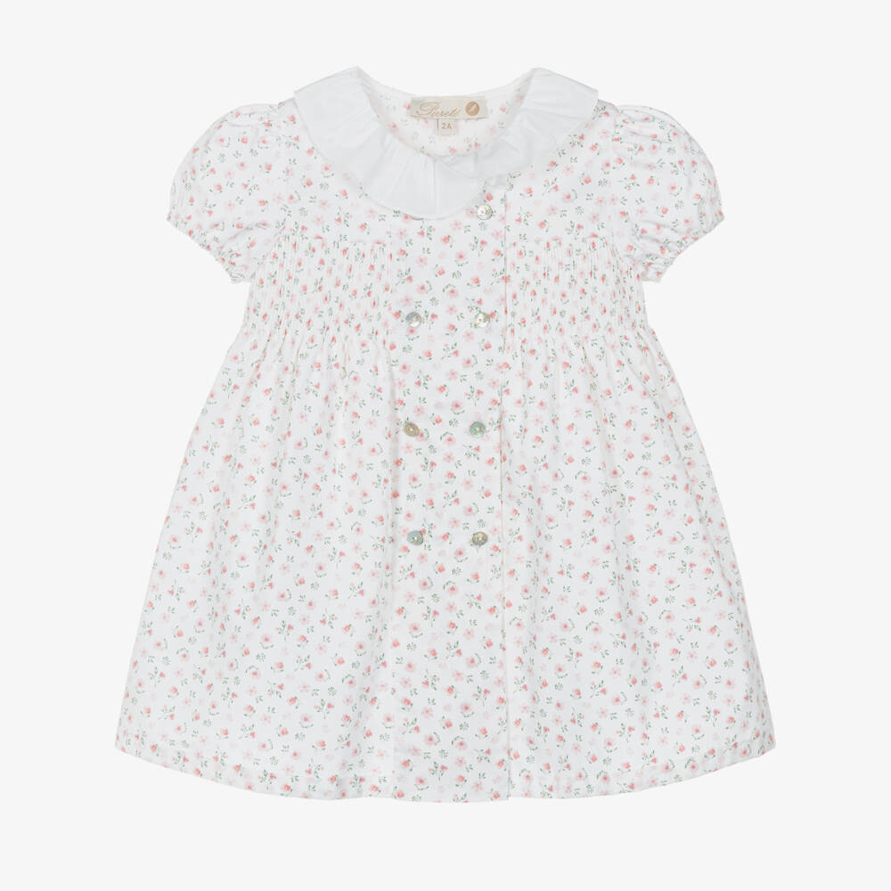 Pureté Du... Bébé-Girls White & Pink Cotton Floral Dress | Childrensalon Outlet
