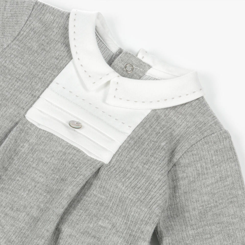 Pureté Du... Bébé-Grey Ribbed Babygrow with Ivory Twill Collar | Childrensalon Outlet